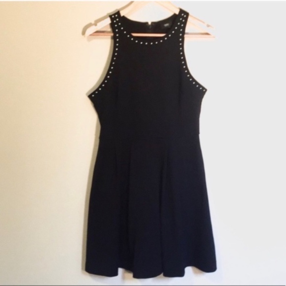 Black Studded Fit and Flare Dress w Pleated Skirt